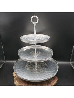 Vintage Hammered Aluminum 3 Tier Serving Tray Etched Fruit Design Tidbit Dessert